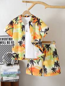 SHEIN Set 2 buc. cămașă și pantaloni scurți cu imprimeu floral, casual, pentru preadolescenti, școală/vacanță, potrivit pentru naveta, școală, sport, primăvară/vară - Multicolor - Vizualizare 8