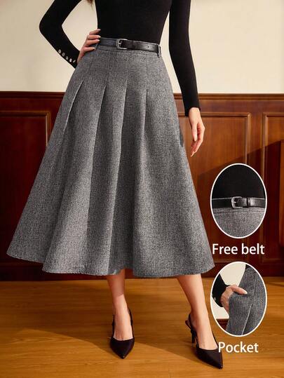 Vintamour Plus Size Women Vintage Elegant Waisted Slant Pocket Flare Skirt, Grey, For Casual Office Work