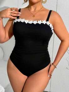 Slaydiva Traje de baño de una pieza talla grande con decoración floral 3D - Blanco - Ver 4