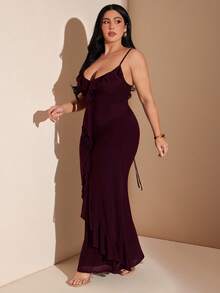 SHEIN BAE Plus Size Women's Dark Purple Elegant Summer Rosewood Color Patchwork Ruffle Hem Fitted Night Outfits,Floral Maxi Stretchy Knit Mesh Dress - Redwood - View 6