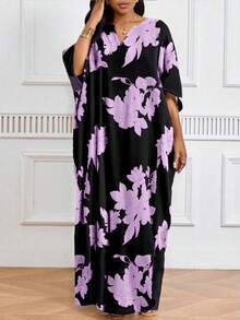 SHEIN Lady 春夏优雅黑色编织V领短袖束腰连衣裙衬衫裙加大码连衣裙万圣节服装女式长袍 - 彩色 - 查看 3