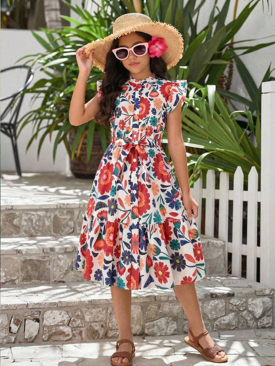 ChillGRL Tropical Floral Print Woven Dress For Teen GirlCollared Shirt Dress With Ruffle Sleeves And Adjustable Waist Belt, Suitable For Casual Daily And Vacation Wear In Spring/Summer - Multicolor - View 1