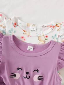 SHEIN 2pcs/Set Baby Girls' Summer Dress, Purple Sleeveless Cotton Dress With Cute Cat Face & Forest Animal Prints - Purple - View 7