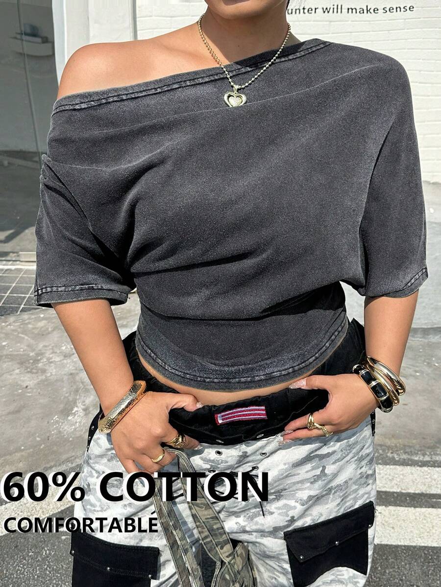 Muchica 大码女式纯色斜肩修身休闲日常T恤 - 深灰色 - 查看 1