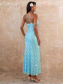 Glamine New Light Blue Sequined Knit Backless Dress, Perfect For Summer Vacations. - Baby Blue - View 2