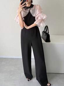 FRIFUL Women's Solid Color Waist Cinching Fitted 2 Pieces Set, Versatile For Spring & Summer Lounge Sets For Women - Black - View 6