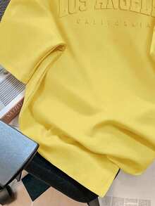 SHEIN EZwear 宽松休闲极简主义英文文字压纹图案圆领短袖T恤，黄色 - 黃色 - 查看 5