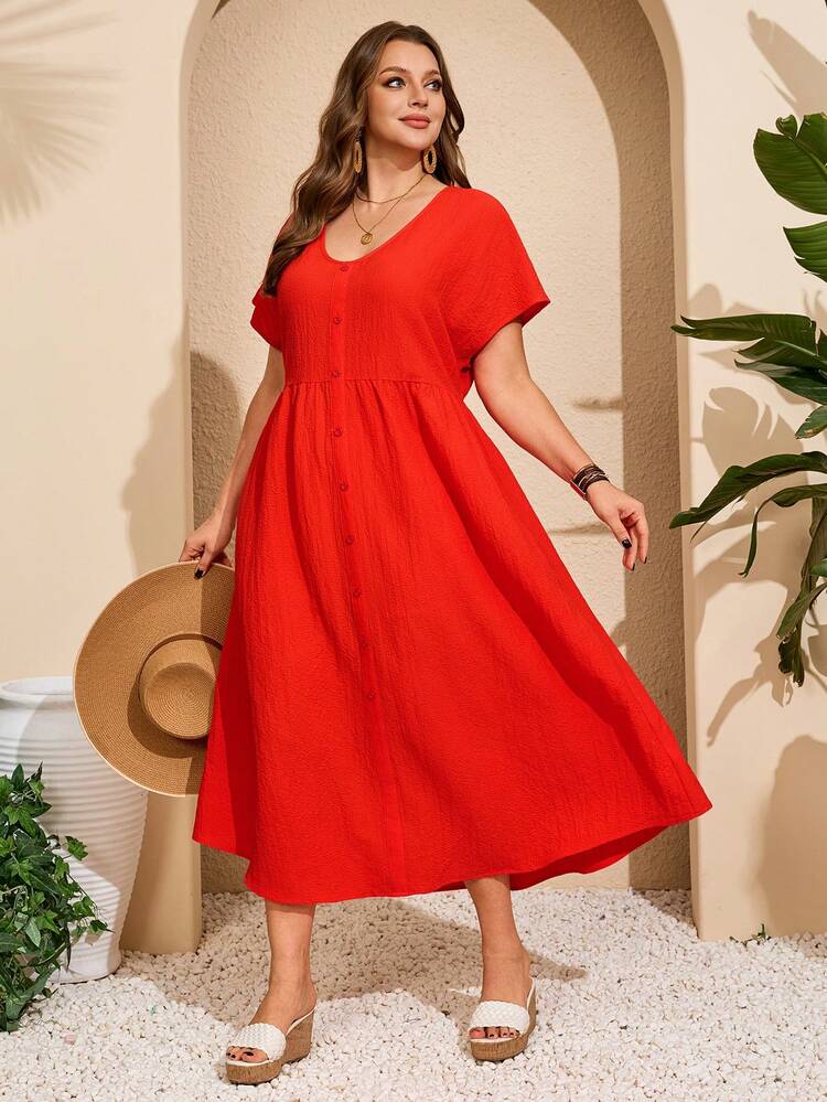 Women's Plus Size Casual Red V Neck Short Sleeve Button Front Midi Dress Short Sleeve Summer Button Up Beach Wear Summer Outfit For Plus Size Women Festival Outfits For Plus Size Women Beach Outfits For Plus Size Women Vacation Outfits Plus Size Women Country Concert Outfit Boho Outfit