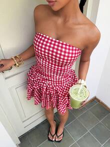 Muchica 女士夏季沙滩度假格纹印花褶皱腰部层叠荷叶边抹胸连衣裙 - 紅白色 - 查看 4