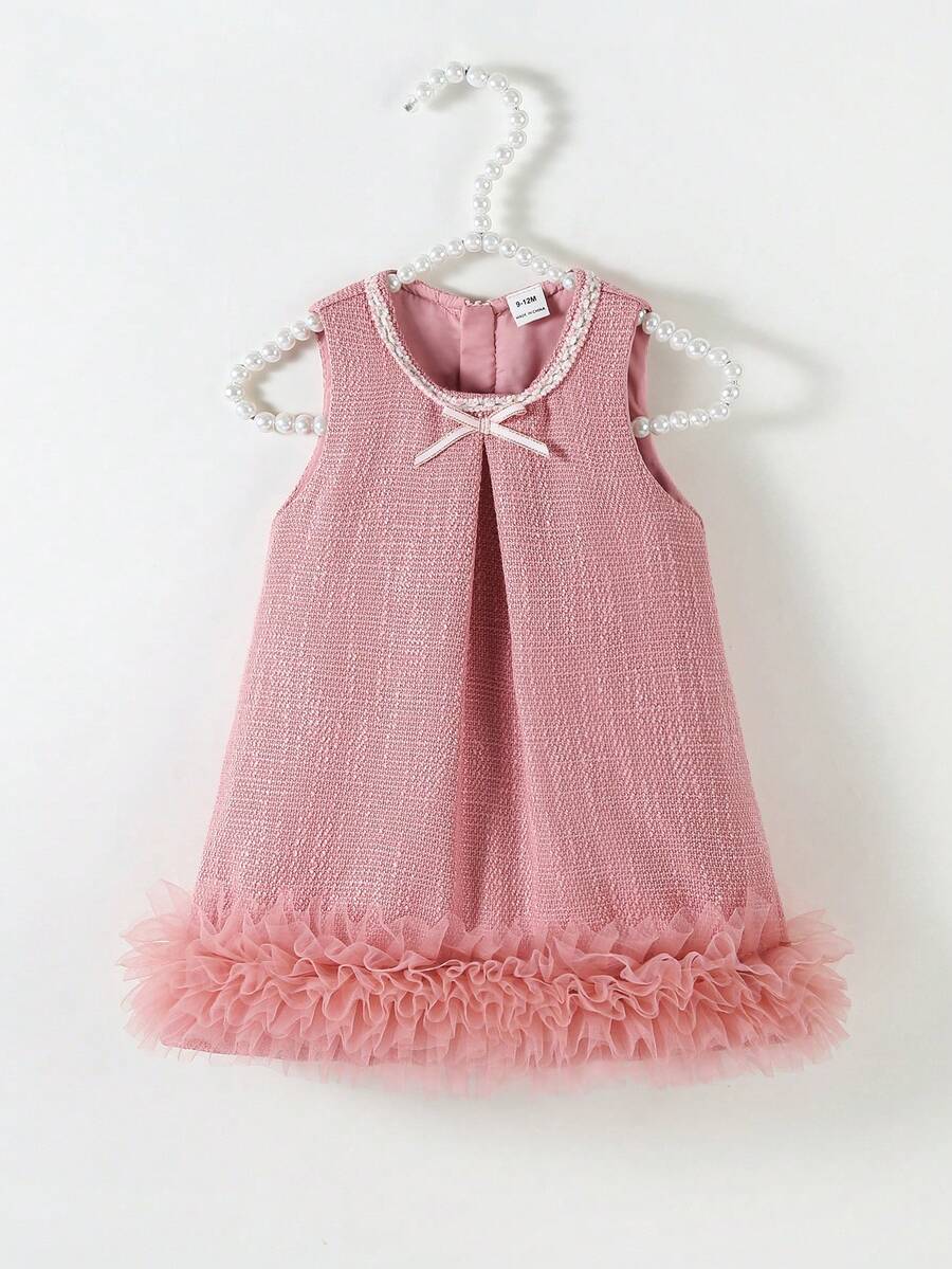 SHEIN Glamorique Kids 女婴优雅蝴蝶结3D花朵装饰无袖连衣裙,适合婚礼、派对、生日、度假、拍照、夏季等场合 - 粉色 - 查看 1
