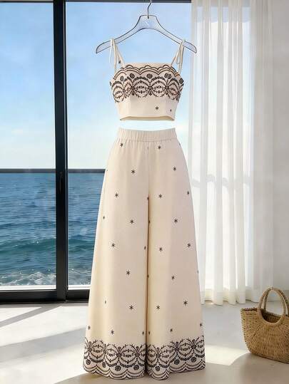 GlowEve Conjunto de top con corpiño con lazo y pantalones de pierna ancha de cintura alta con estampado de mariposa bordado en tono marrón sobre base color albaricoque, diseño casual de resort, elegante y romántico