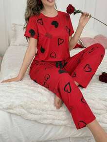 L PAJAMAS SET WITH SHORT SLEEVE TOP AND PANTS WITH HEART AND LETTERS PRINT - Red - View 4
