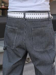 Manfinity EMRG Men's Black And White Vertical Striped Cargo Denim Shorts - Black and White - View 7
