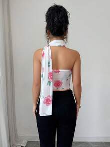 Elenzga 浪漫红色花卉印花网纱围巾装饰褶皱抹胸上衣，优雅女士休闲度假衬衫，时尚红色印花上衣 - 粉色 - 查看 2
