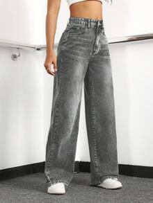 EURMUSE Women's Loose Fit Casual Denim Jeans With Side Pockets And Wide-Leg Design - Light Grey - View 5