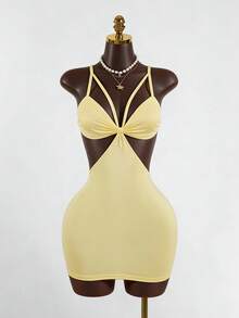 SaltGleam SaltGleam Sexy Hollow Cross Backless Strap Summer Vacation Slip Dress - Yellow - View 5