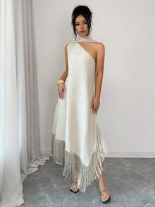 SHEIN Elenzya Elegant Linen-Like Loose Asymmetric Shoulder Tassel Trim Dress, Suitable For Holidays, Vacation, Commute, Versatile For Daily Wear, Summer - Coffee - View 6