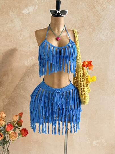 Soleia 度假沙滩流苏装饰露背吊带上衣和迷你裙两件套