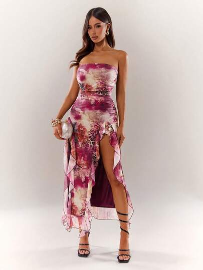 Radiana Women's Sexy Elegant Distinctive Purple Floral & Leopard Print High Slit Ruffle Hem Strapless Dress, Flowing Ruffle Slit Bodycon Dress, Bodycon Dress, Long Dress, Island Resort Dress, Beach Dress, Date Dress, Suitable For Night, Date, Party, Ball, Club, Cocktail, Evening, Gala, Music Festival, Concert, Holiday, Beach, Vacation