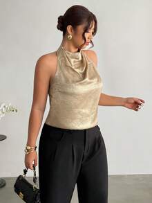 Firerie Women's Casual And Elegant Commuting Gold Satin Halter-Back Turtleneck Top/New Year Look/Sexy Top/Sparkly Top/Party Top/Old Money Style Top/Gold Top - Gold - View 6