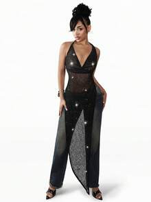 Amplova 2026 Black Sheer Sequin Halter Asymmetrical Music Festival Vest,Summer Top - Black - View 9