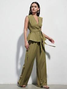 Aveloria Modichic Olive Green V-Neck Sleeveless Ruched Waist Suit Jacket With Adjustable Belt And Loose Straight Leg Pants, Women's Suit Set, Elegant Office & Casual Versatile Two Pieces Outfit - Mustard Yellow - View 6