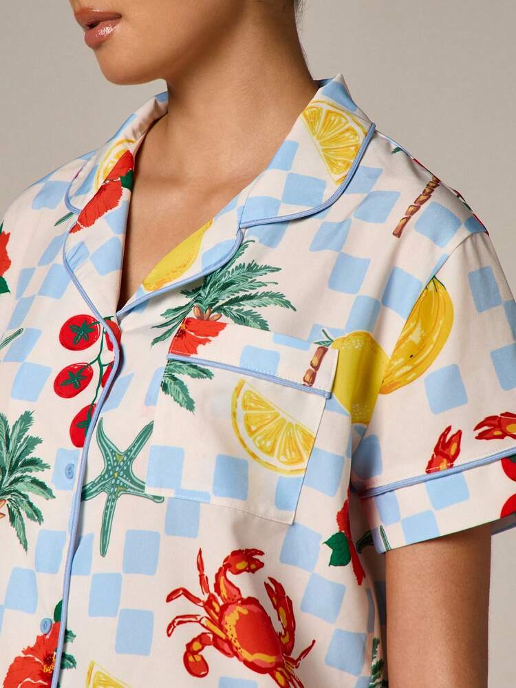 Tropical Print Button Up Pajama Set With Shorts