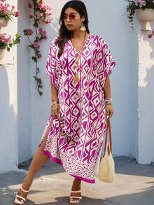 SHEIN LUNE 大码女式几何图案蝙蝠袖宽松休闲连衣裙 - 彩色 - 查看 1