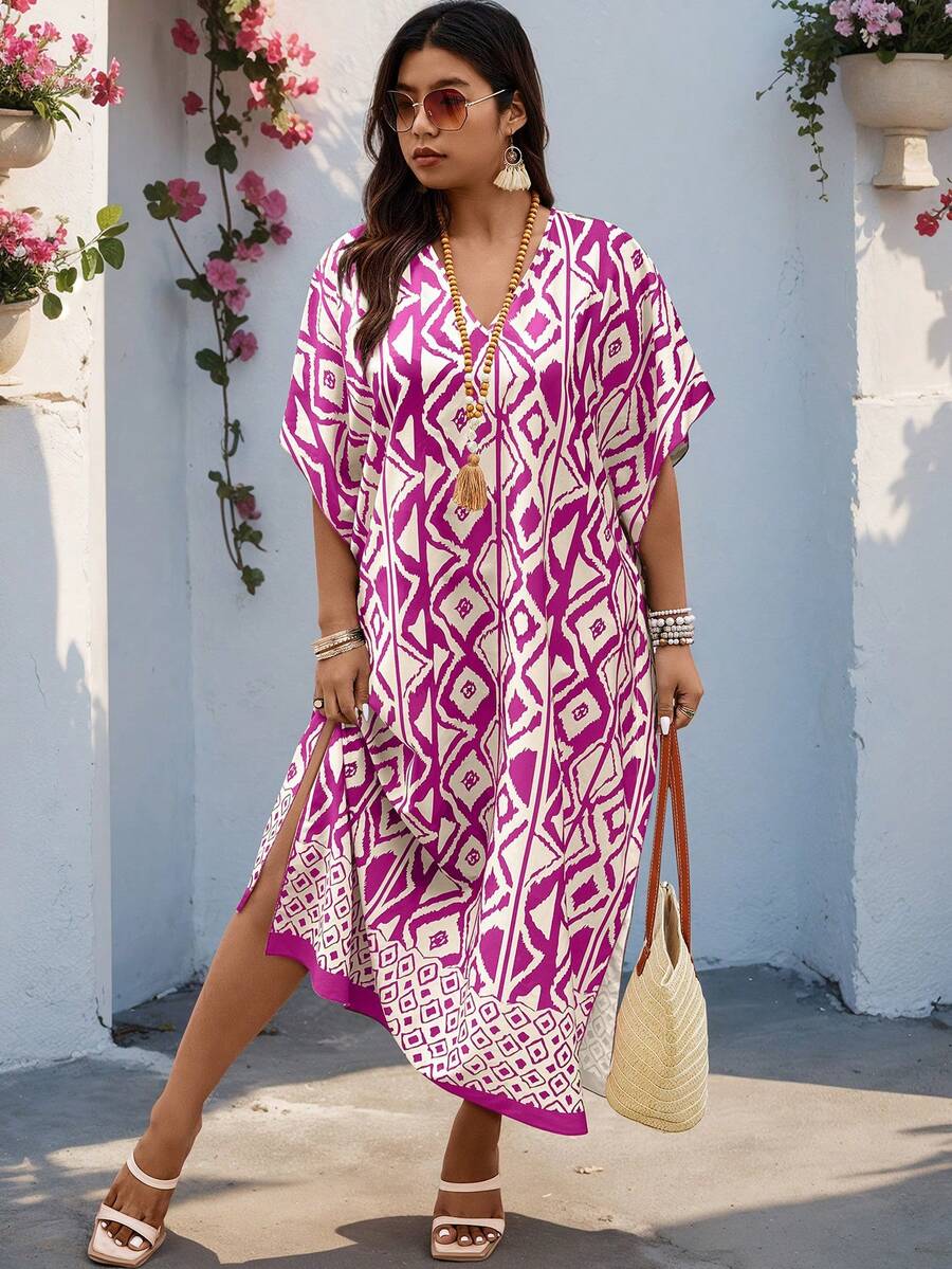 SHEIN LUNE 大码女式几何图案蝙蝠袖宽松休闲连衣裙 - 彩色 - 查看 1