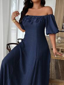 SHEIN LUNE Đầm trễ vai thanh lịch dành cho nữ cỡ lớn với họa tiết hoa 3D. - Màu xanh hải quân - Xem 7