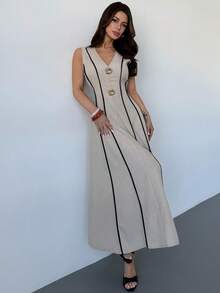 Firerie 女士撞色V领无袖中长连衣裙，适合夏季、商务休闲场合、度假穿着，也适合商务女性，杏色连衣裙，撞色滚边连衣裙，性感V领休闲度假连衣裙，春夏服装，优雅，通勤，约会，工作装，返校季，正式场合。 - 卡其色 - 查看 8