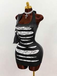 BamGleam Đầm nữ mùa Xuân/Hè 2026 mới, phối ren da PU, thiết kế cắt xẻ gợi cảm, ôm sát cơ thể, tôn lên đường cong quyến rũ, hoàn hảo cho phong cách đường phố thời trang, lý tưởng cho các buổi hẹn hò, tiệc tùng, lễ hội âm nhạc và các sự kiện thể thao. - màu đen - Xem 5