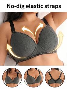 DesireSculpt Plus Size Women Textured Letter Decor Underwire Bra - Dark Grey - View 5