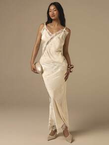 COSMINA Lace Patchwork Satin Camisole Top And Fish Tail Skirt 2 Piece Set, Satin Lace Camisole And Lace Skirt 2 Piece Set, Lace Camisole Lace Skirt Set, Lace Sleeveless Top And Skirt 2 Piece Suit, Satin 2 Piece Set, Elegant Casual Office Holiday Y2K Lace Camisole 2 Piece Set - Light Yellow - View 3