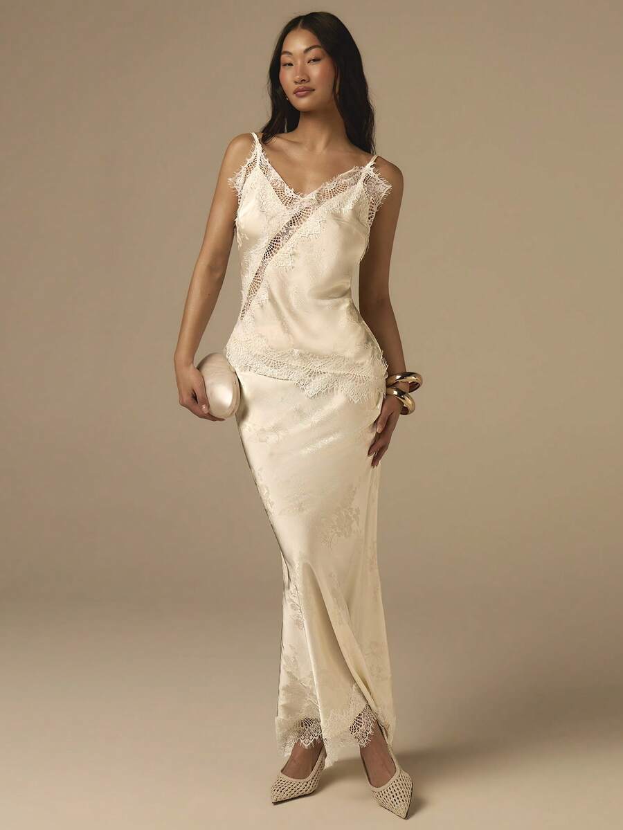 COSMINA 蕾丝拼接缎面吊带背心和鱼尾裙两件套，缎面蕾丝吊带背心和蕾丝裙两件套，蕾丝吊带背心和蕾丝裙套装，蕾丝无袖上衣和裙子两件套，缎面两件套，优雅休闲办公度假Y2K蕾丝吊带背心两件套 - 淡黃色 - 查看 1