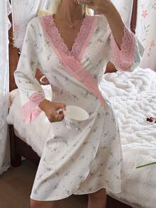 SHEIN Romantic Ditsy Floral Contrast Lace Backless Bow Tie Women Sleepwear Robe - White - View 5