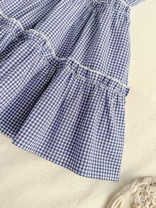 Elamini 女士格子V领收腰吊带连衣裙，夏季 - 藍色 - 查看 6