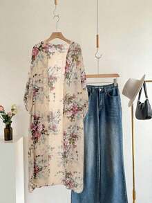 EMERY ROSE Chaqueta larga regular de mujer con estampado de flores para uso casual en otoño/invierno - Albaricoque - Ver 2