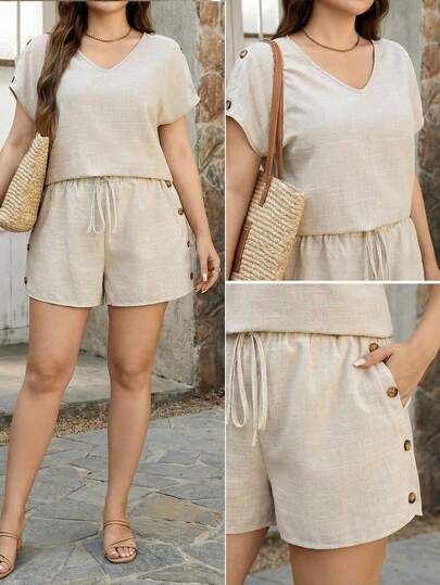 SHEIN LUNE 2pcs/Set Button Decor Casual Top And Elastic Waist Shorts Set, Versatile Plus Size Outfit For Outdoor And Commuting Summer Outfits For Women St Patrick Day Outfit Easter Summer Outfits Spring Outfits For Women Beach Saint Patrick Easter Lounge Sets For Women Summer Vacation Outfits Woman Easter Rave Outfits Festival Boho Women Clothing Country Outfits Women Country Concert Outfit Spring Outfits For Women Summer Clothes Western Wear Women Linen Short Set Summer Shorts Sets For Women Linen Outfit Casual Two Piece Set Comfortable Two Piece Set Ladies Short Sets Two Piece Set Women Comfy Womens Short Sets Linen Set Women