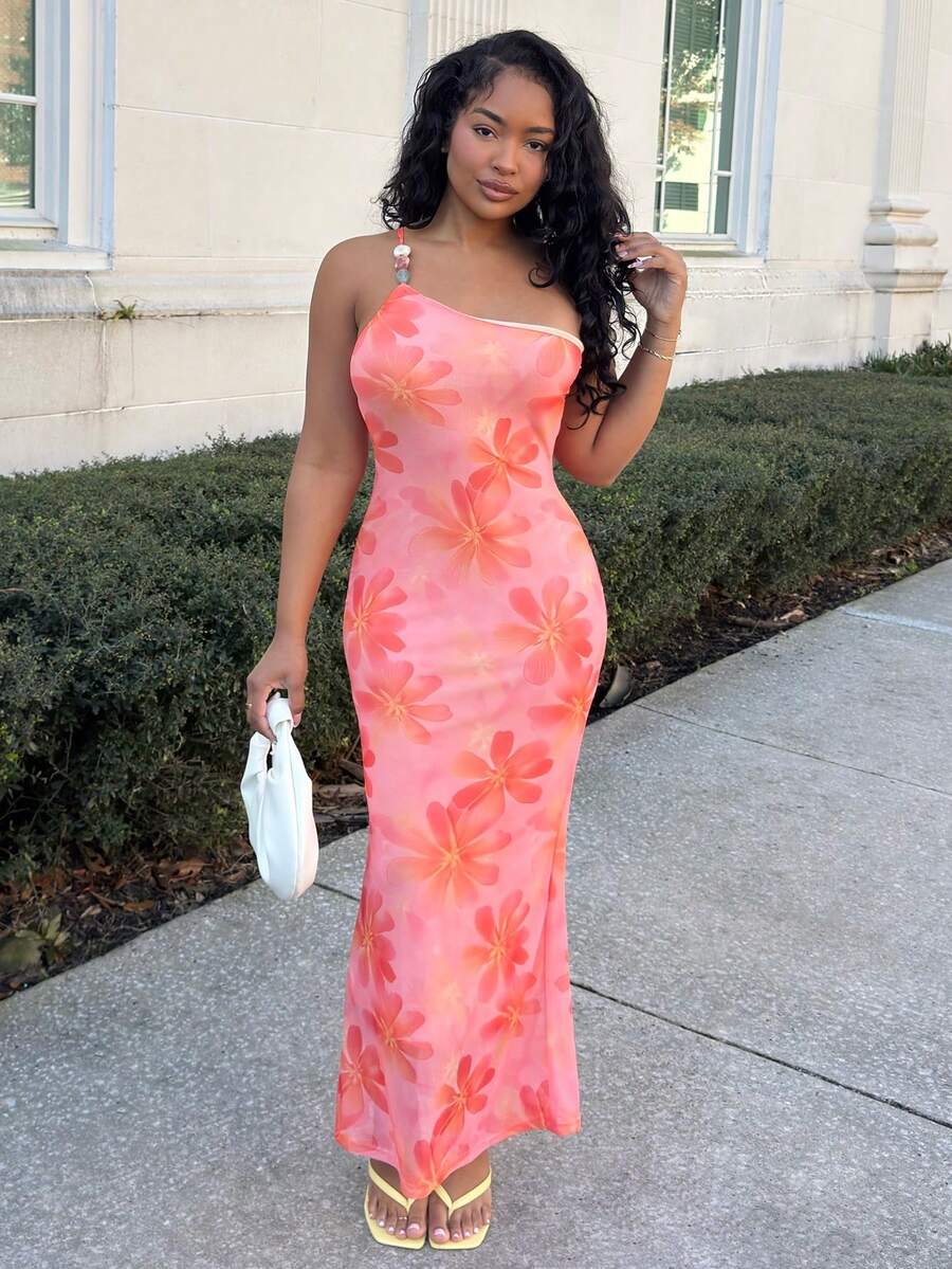 Alexandranx 女式花卉印花不对称领口修身无袖连衣裙 - 彩色 - 查看 1