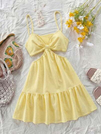 GlowEve Women's Vacation Halter V-Neck Backless Waist Hollow V-Neck Spaghetti Strap Summer Dress,Summer Dresses For Women,Pastel Dresses For Women