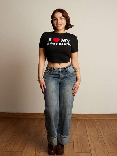 Lupita Cardoza 休闲简约“我爱我的男朋友”口号图案圆领短袖短款紧身T恤女款夏季