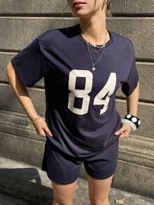 MainGRL 女士海军蓝针织数字T恤和短裤运动套装 - 藏蓝色 - 查看 3