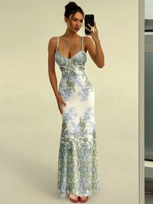Aloruh Vestido ceñido con tirantes finos y estampado de vid floral elegante y romántico para mujeres, adecuado para la playa, salidas, chic, primavera/verano - Multicolor - Ver 8