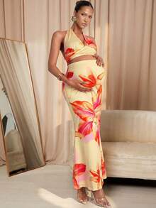 MaterniChic Maternity Casual Printed Halter Neck Tank Top & Skirt 2 Pieces Set, Summer - Yellow - View 10