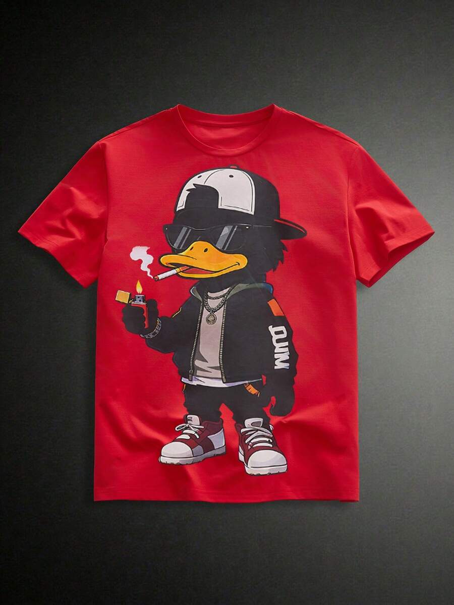 HIMLAND Men's Cartoon Print Red Casual Versatile Short Sleeve T-Shirt