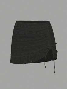 Swim Mod Women's Textured Drawstring Waist Beach Mini Skirt - Black - View 3