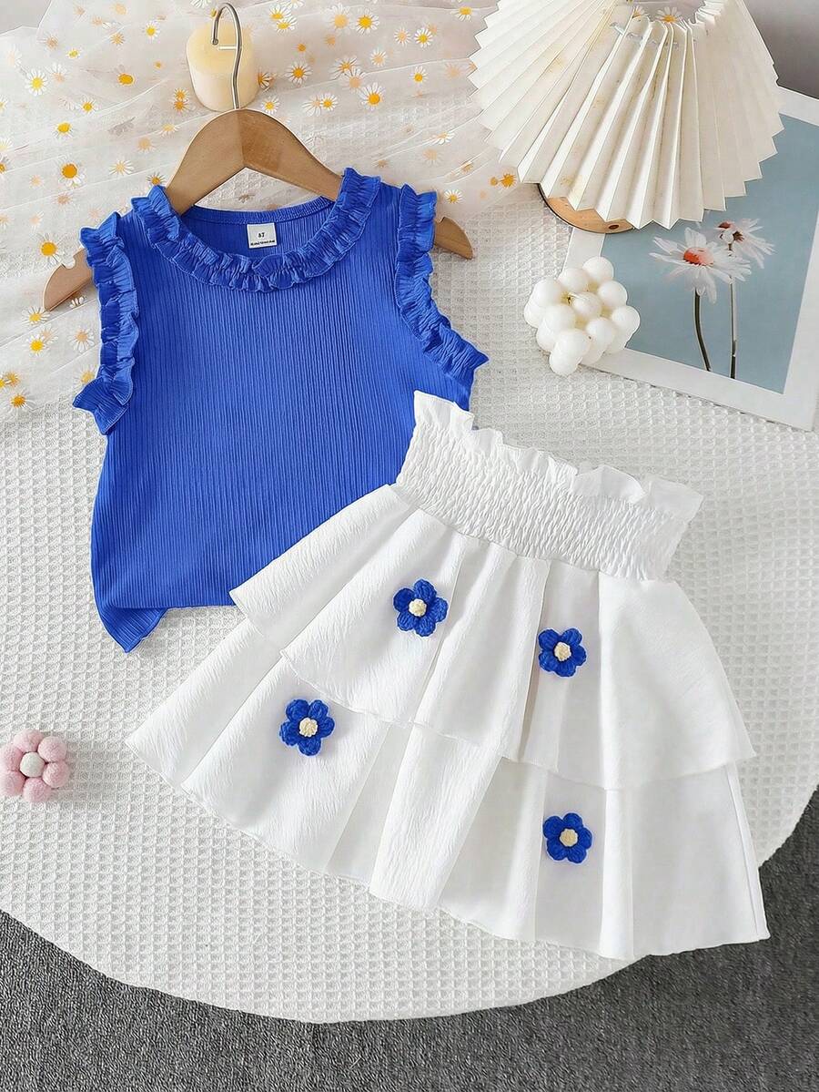 Genkimix Kids 小女孩可爱度假风荷叶边背心搭配拼布蛋糕裙，手工3D立体花卉针织套装 - 藍白色 - 查看 1