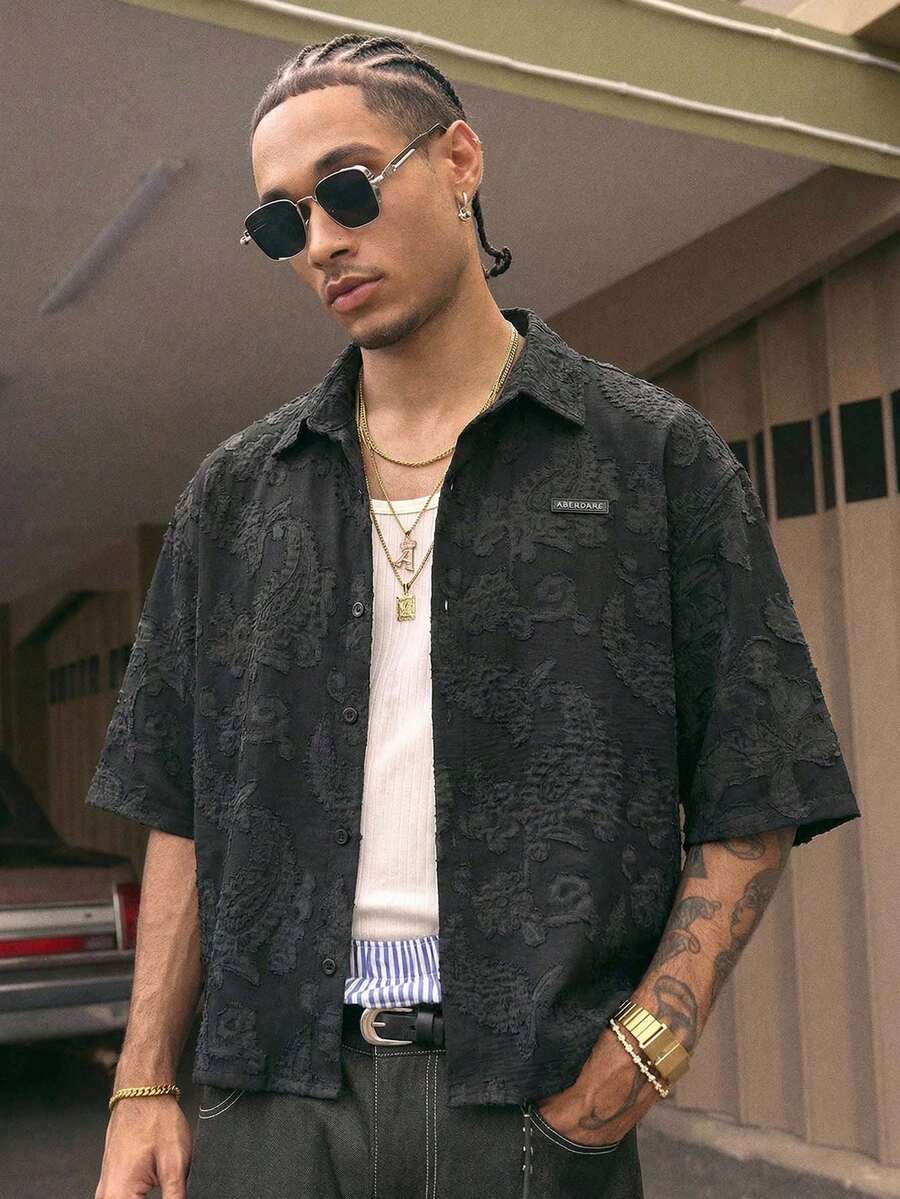 AXEPEAK Men's Casual Button-Down Short Sleeve Shirt, Street Fashion - Black - View 1