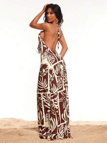 Radiana 棕色亚麻质感波西米亚风连衣裙，海洋印花连衣裙，性感串珠露背吊带连衣裙，度假连衣裙，沙滩连衣裙，宽松舒适休闲连衣裙，适合海岛度假、海滩、假日、休闲外出、派对、音乐节、演唱会、乡村音乐活动等场合。女士沙滩装，女士度假套装，女士夏季两件套，女士泳装罩衫，女士泳衣套装（含罩衫）。 - 彩色 - 查看 3